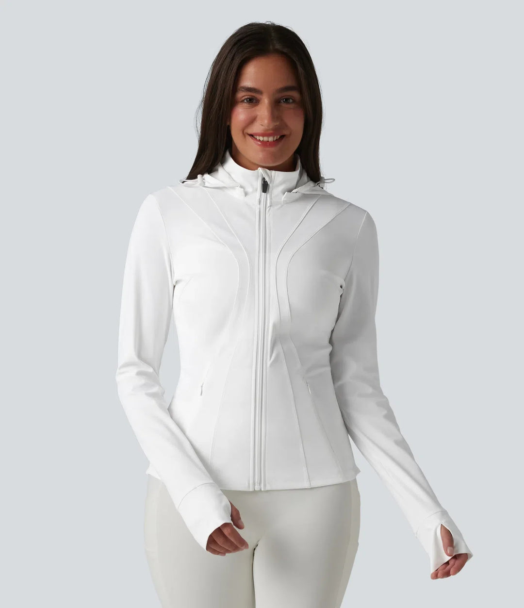 Removable Hood Thumb Holes Ruffle Hem Slim Hiking Jacket