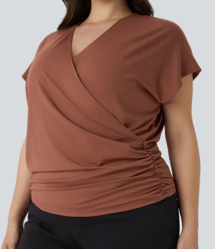 V Neck Cap Sleeve Crossover Ruched Solid Work Plus Size Blouse