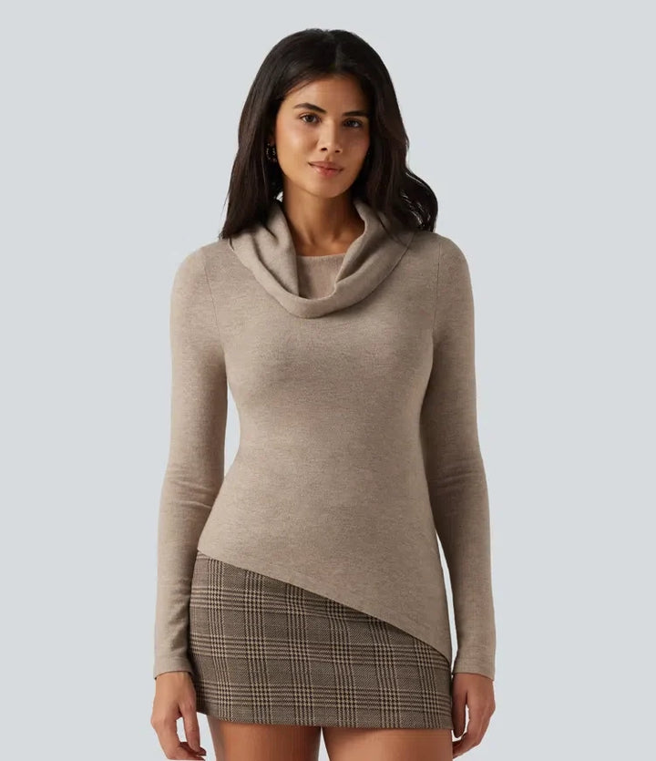 Cowl Neck Long Sleeve Uneven Hem Casual Sweater