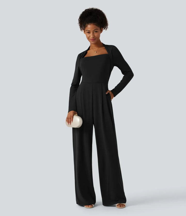 Long Sleeve Built-in Bra Wide Leg Jumpsuit with Pockets-Easy Peezy Edition DD-F Cups