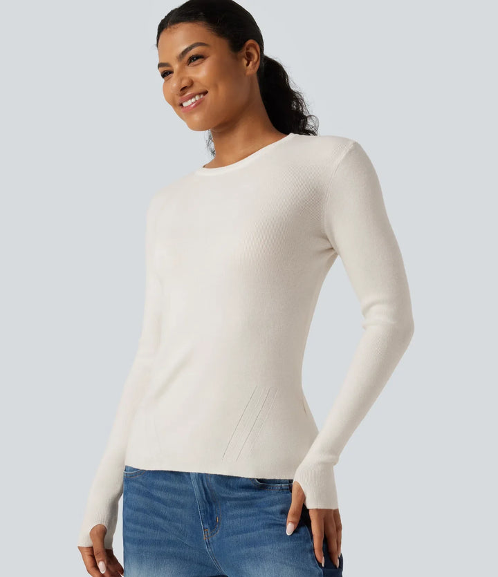 Round Neck Long Sleeve Thumb Hole Slim Work Sweater