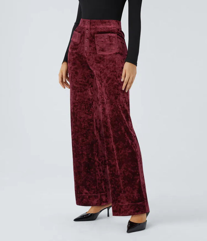 High Waisted Pockets Straight Leg Velvet Casual Pants