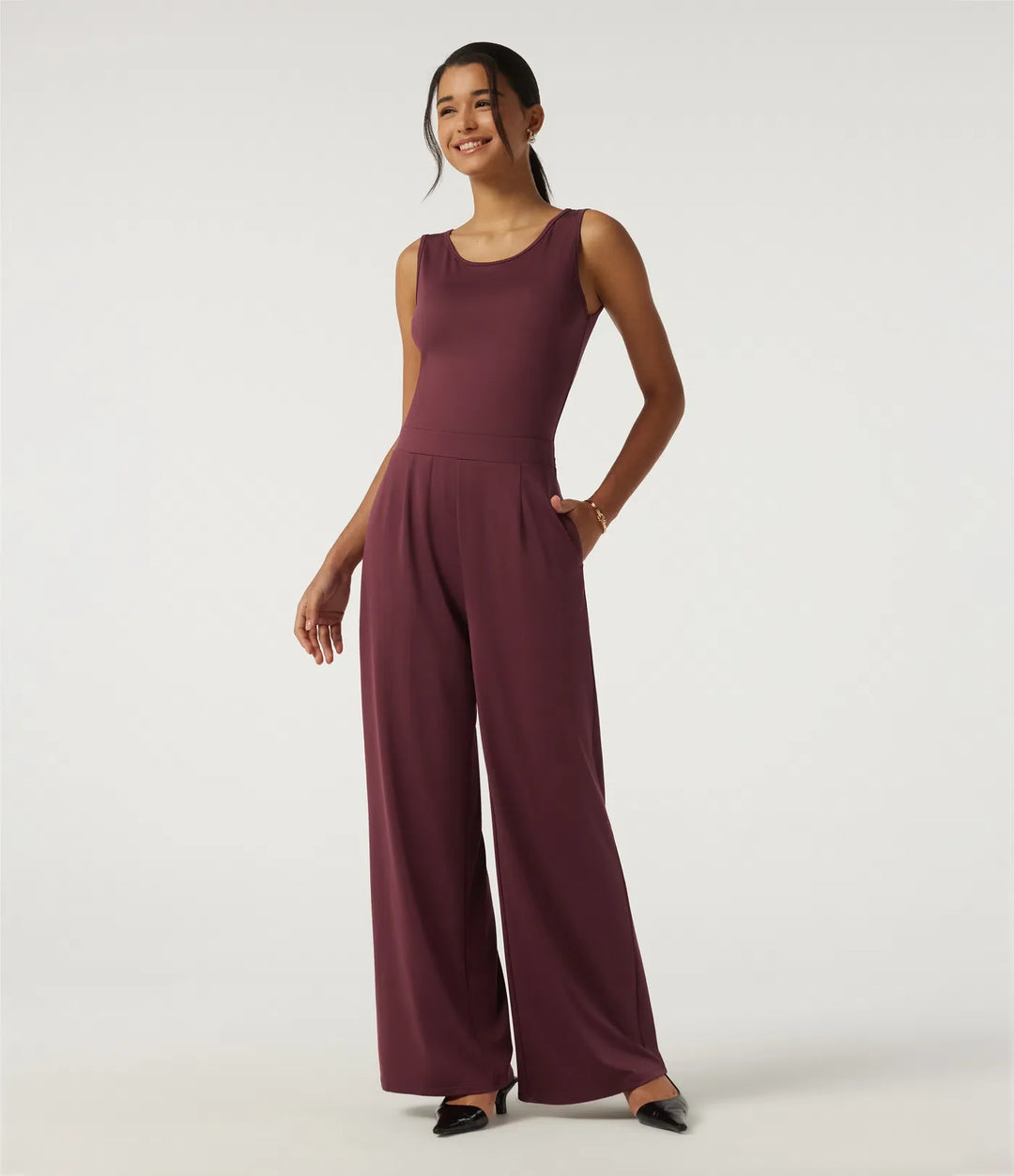 Round Neck Sleeveless Slim Wide Leg Asymmetric Party Jumpsuits with Pockets -Easy Peezy Edition