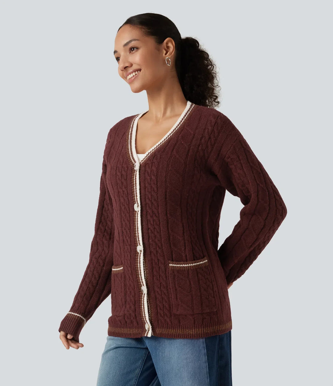 V Neck Long Sleeve Color Block Work Cardigan with Pockets