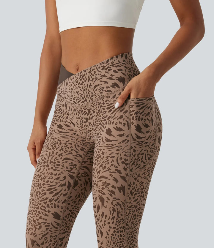 Halara UltraSculpt Leopard Print High Waisted Crossover Skinny Yoga Leggings with Pockets