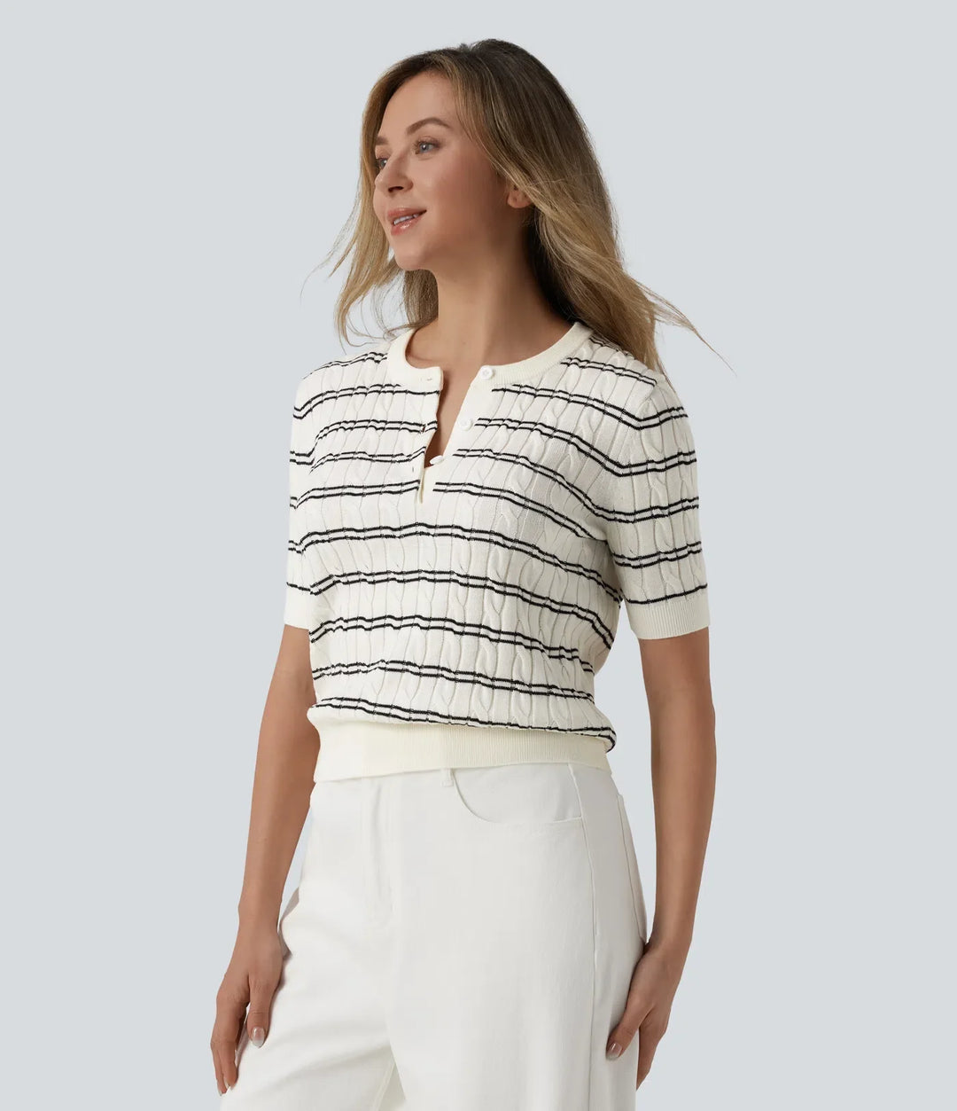 Henley Short Sleeve Stripes Work Sweater