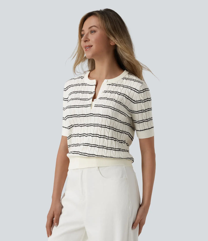 Henley Short Sleeve Stripes Work Sweater