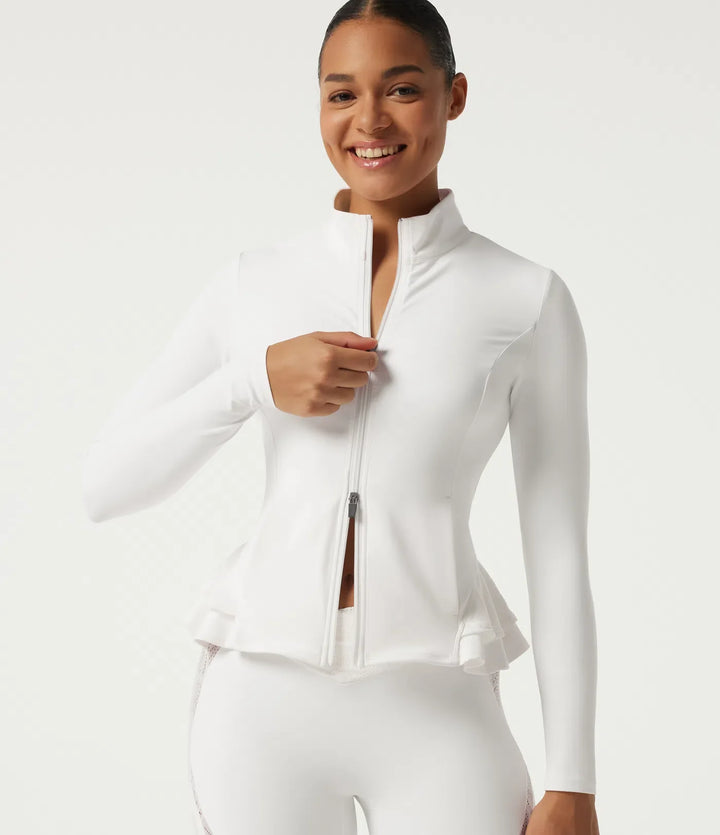 SoftlyZero High Neck Contrast Lace Ruffle Hem Yoga Jacket with Pockets