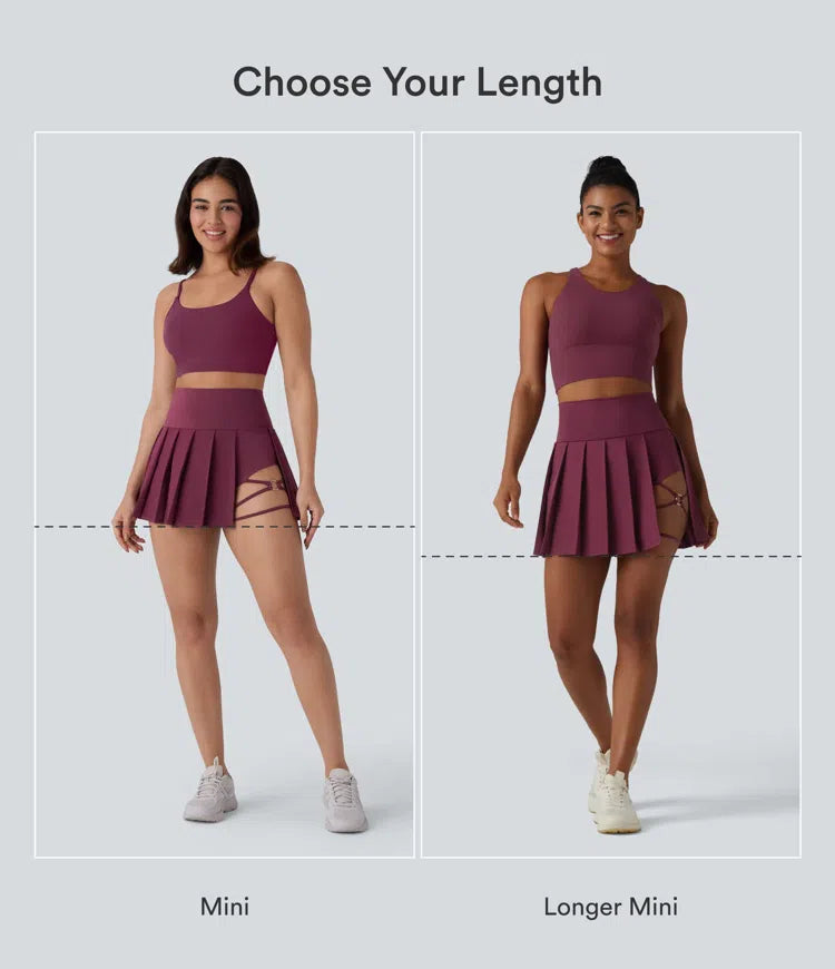 Breezeful High Waisted Pleated 2-in-1 Asymmetric Hem Quick Dry Mini Dance Skirt with Pockets-Longer Length