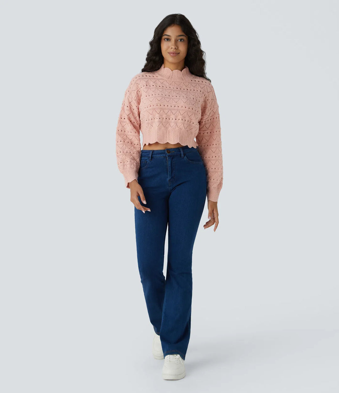 Mock Neck Bishop Sleeve Scallop Hem Open Knit Casual Sweater