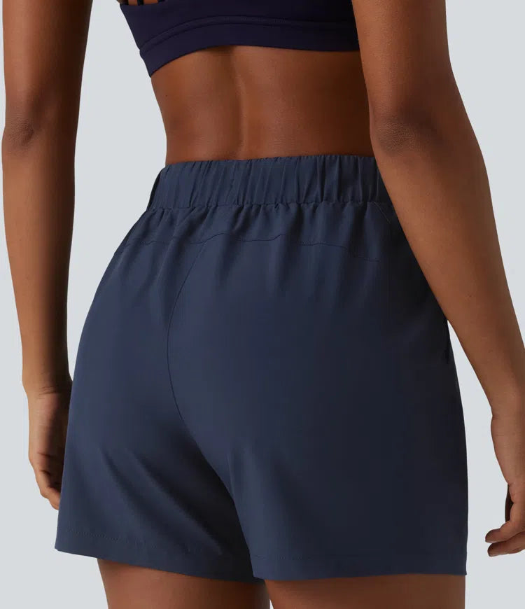 High Waisted Elastic Waistband Drawstring Pleated Yoga Shorts 5" with Pockets