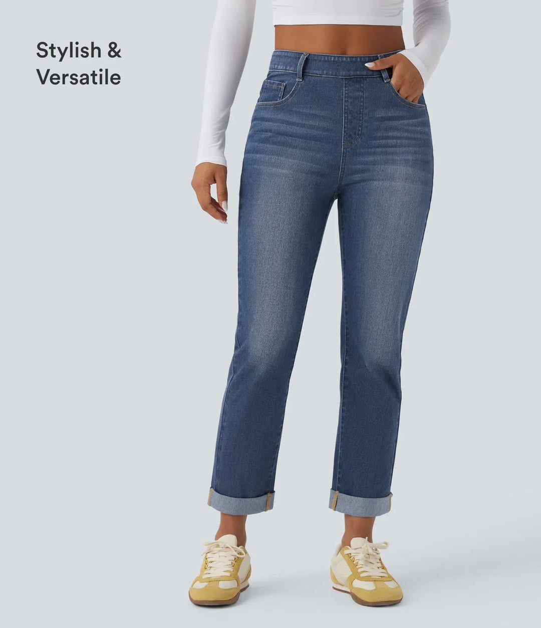 Halara Flex High Waisted Rolled Hem Casual Slim Jeans with Pockets