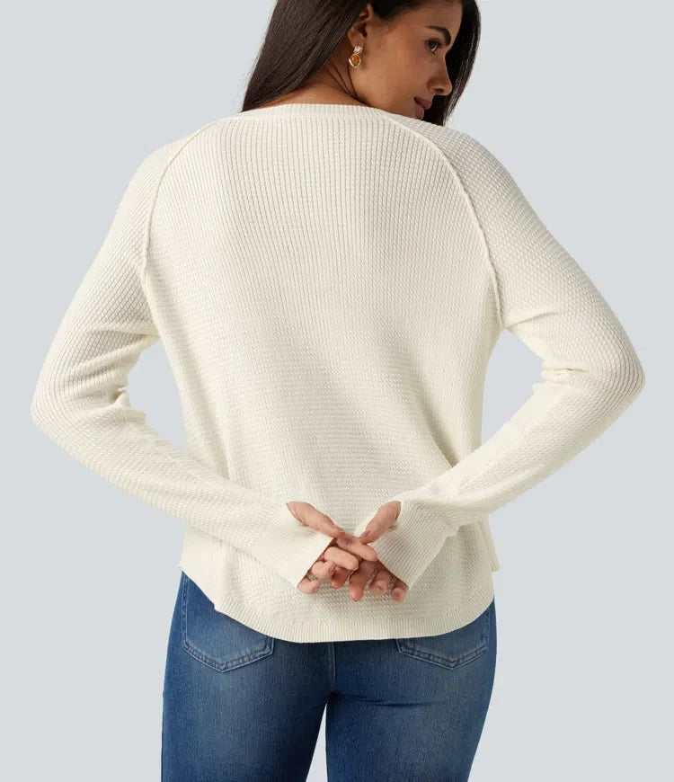 Henley Neck Long Sleeve Thumb Hole Curved Hem Casual Sweater