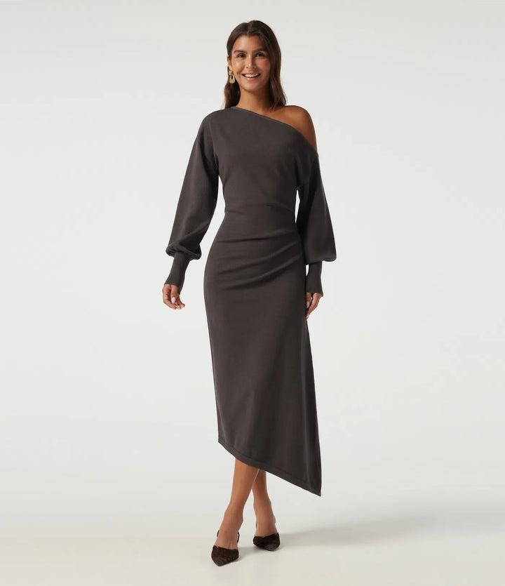 One Shoulder Puff Long Sleeve Asymmetric Work Midi Sweater Dress