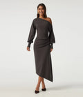 One Shoulder Puff Long Sleeve Asymmetric Work Midi Sweater Dress