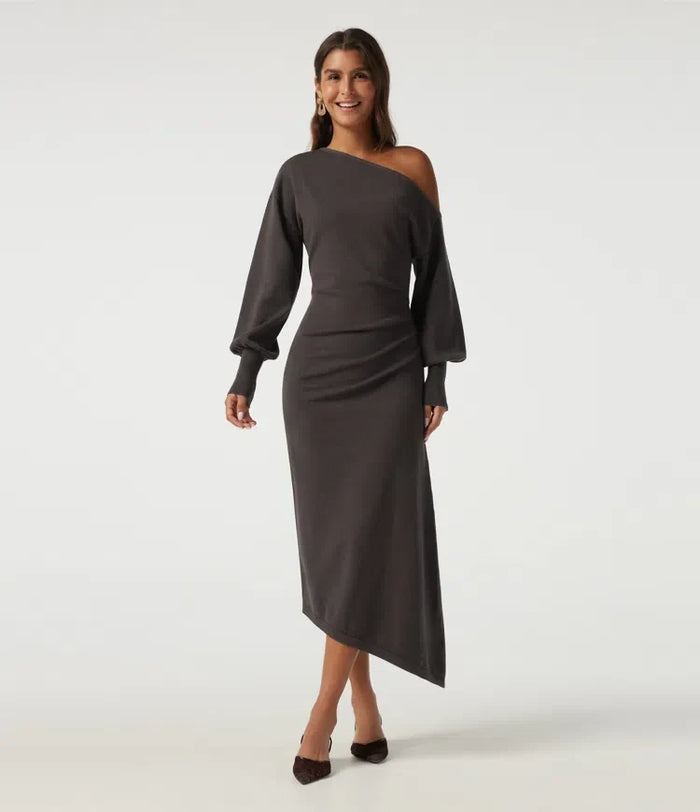 One Shoulder Puff Long Sleeve Asymmetric Work Midi Sweater Dress
