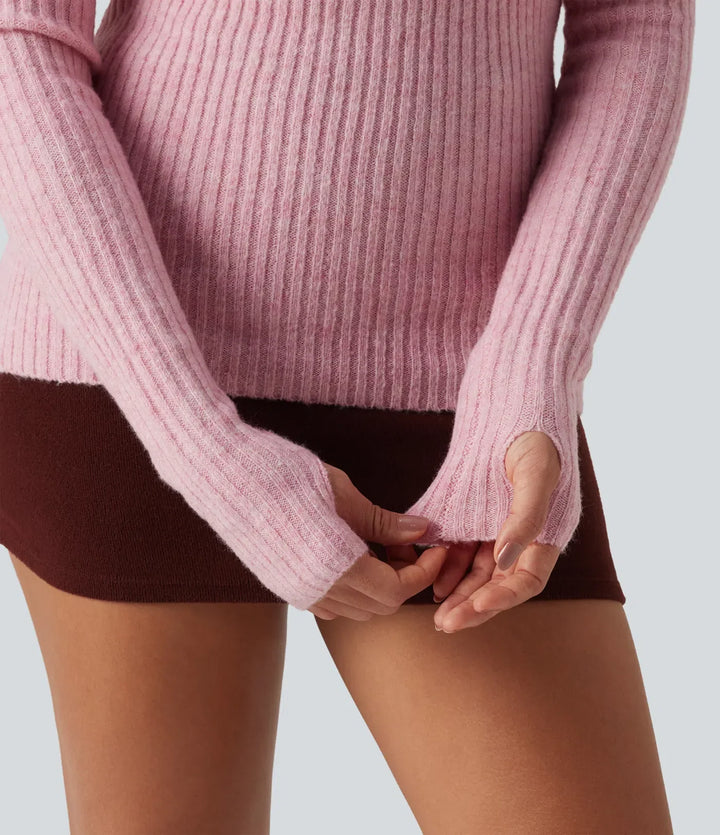 Off Shoulder Long Sleeve Thumb Hole Work Sweater