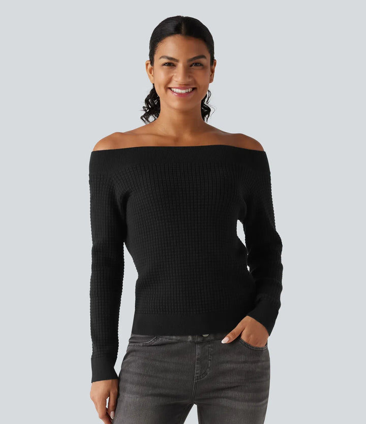 Off Shoulder Long Sleeve Casual Wool-Blend Sweater