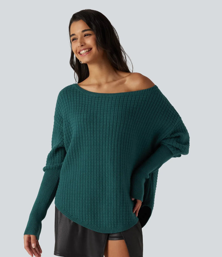 Off Shoulder Batwing Long Sleeve Work Sweater