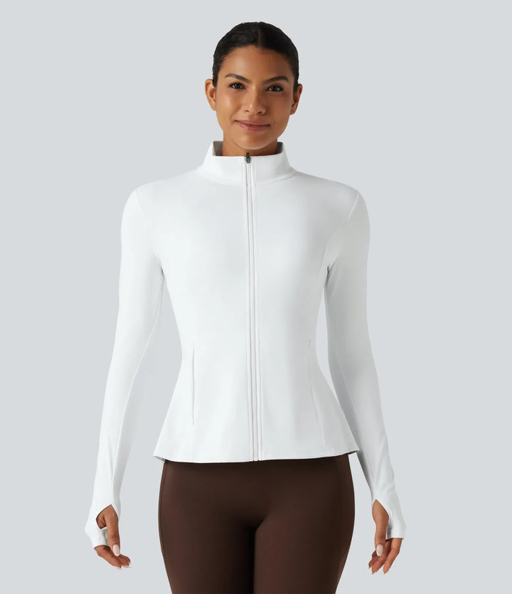 SoftlyZero Airy Stand Collar Long Sleeve Thumb Hole Eyelet Ruffle Hem InstantCool Yoga Jacket with Pockets-UPF50+
