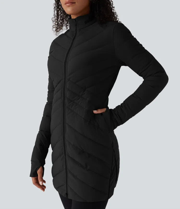 PuffFlex Stand Collar Long Sleeve Thumb Holes Zip Hem Stretchy Slim Casual Quilted Jacket with Pockets