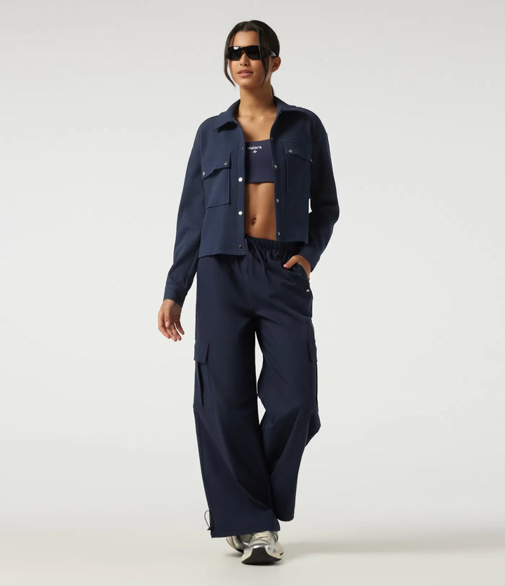 Lapel Dropped Long Sleeve Waffle Casual Jacket with Pockets