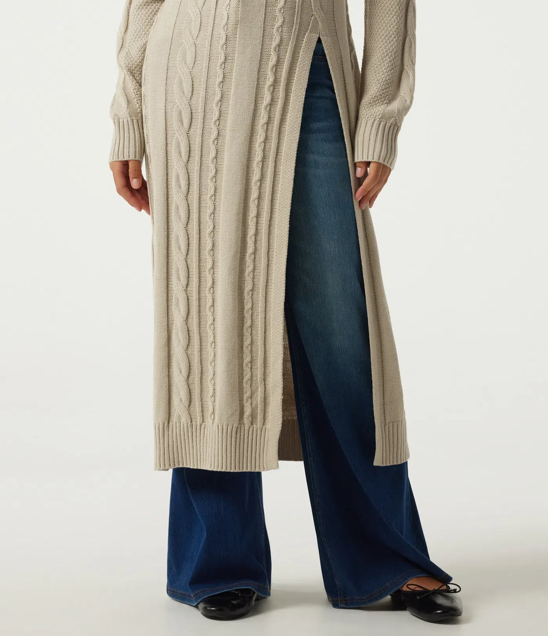 Mock Neck Long Sleeve Cable Stitch Casual Midi Sweater Dress