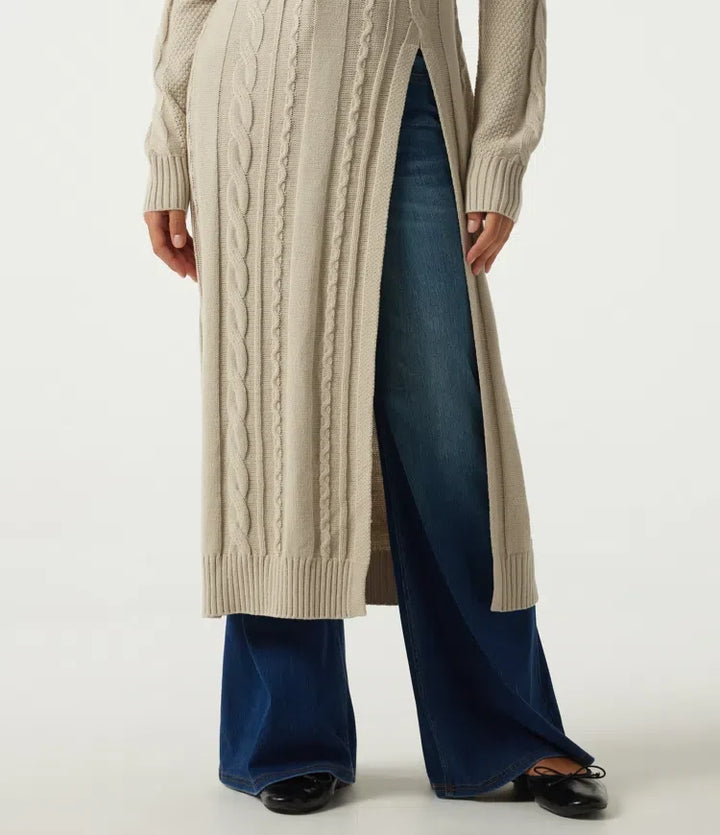 Mock Neck Long Sleeve Cable Stitch Casual Midi Sweater Dress