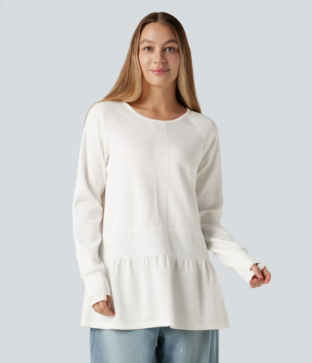 Round Neck Long Sleeve Thumb Holes Ruffle Hem Casual Sweatshirt
