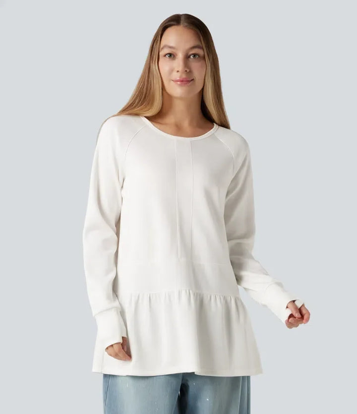 Round Neck Long Sleeve Thumb Holes Ruffle Hem Casual Sweatshirt