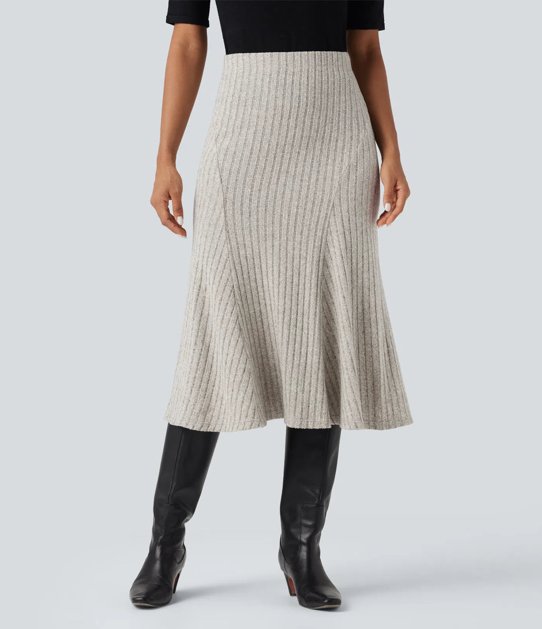 Ribbed Knit High-waisted Midi Casual A-line Skirt