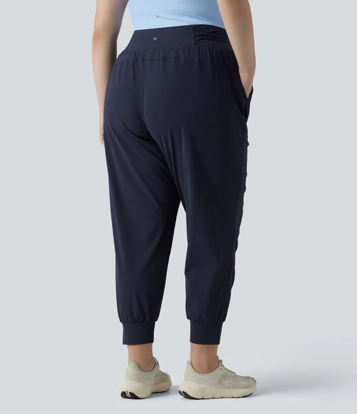 Plus Size High Waisted Drawstring Ruched Tapered Quick Dry Cool Touch Dance Joggers with Pockets-UPF40+