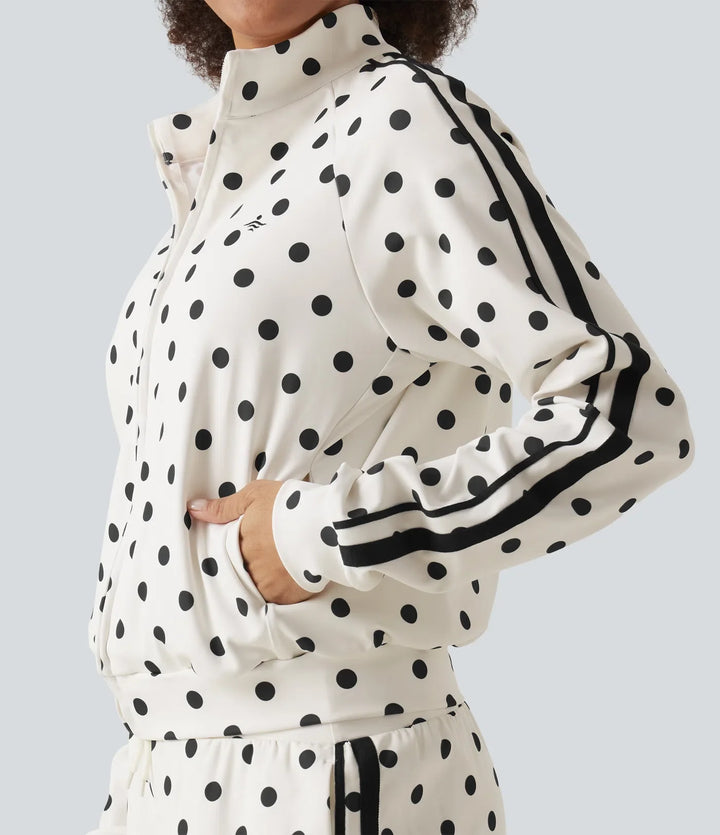Stand Collar Polka Dot Side Stripe Casual Track Jacket with Pockets