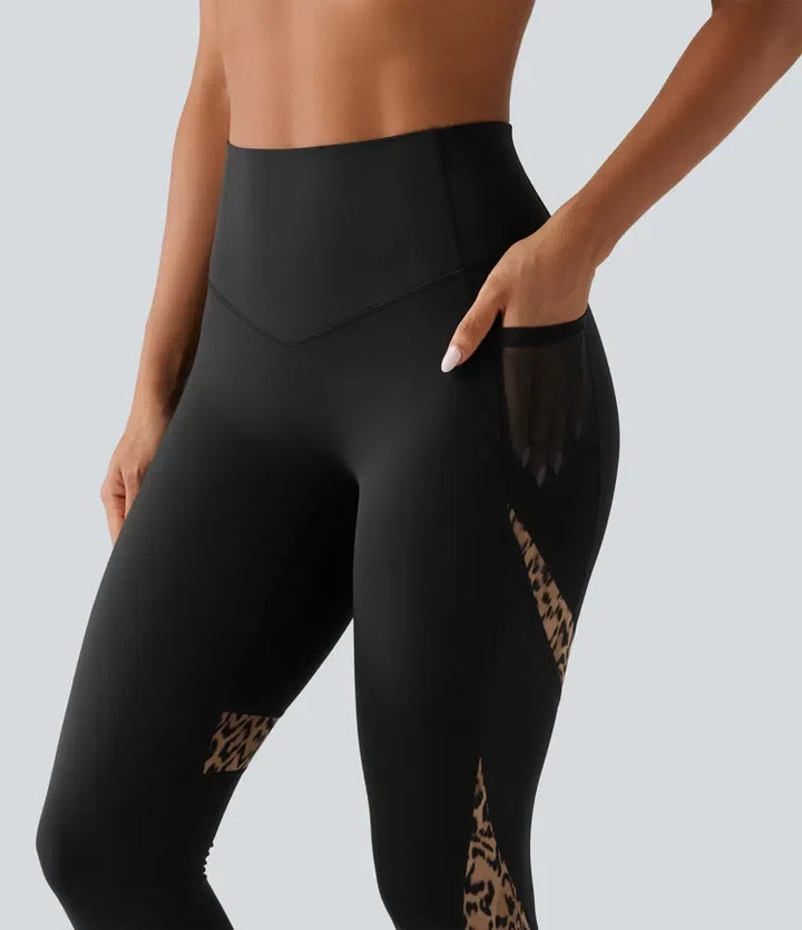 High Waisted Skinny Contrast Mesh Leopard Print Color Block Yoga Leggings with Pockets