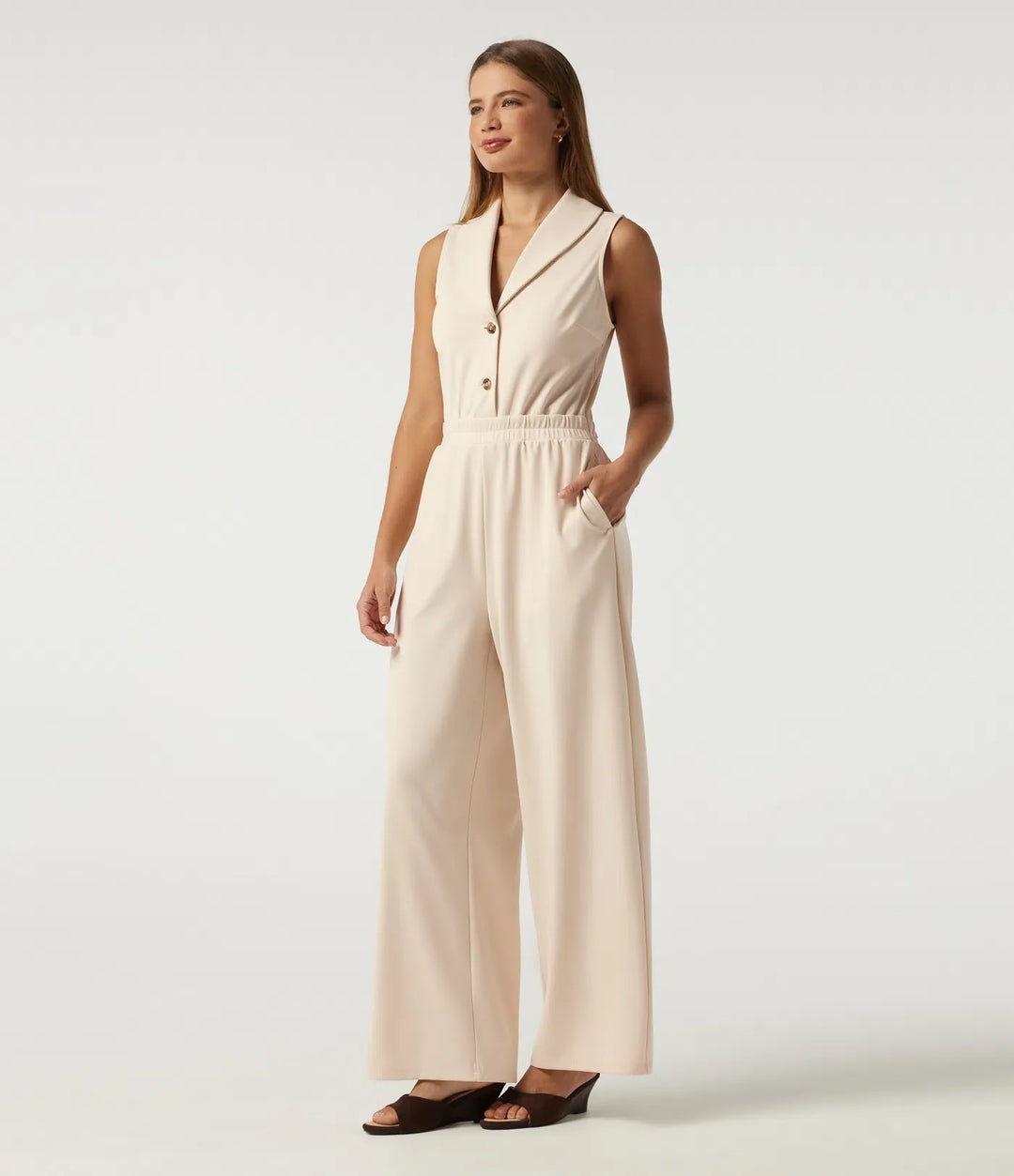 Lapel Collar Sleeveless Straight Leg Work Jumpsuit with Pockets - Easy Peezy Edition