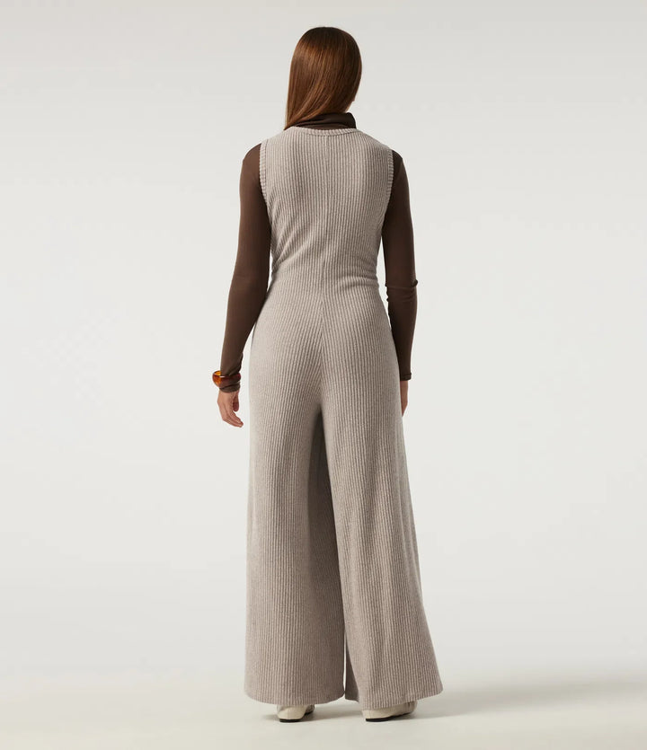Ribbed Knit U Neck Wide Leg Casual Jumpsuit with Pockets