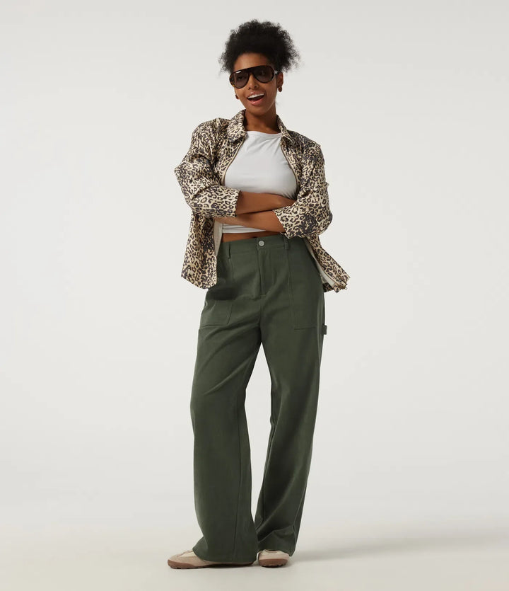 Mid Rise Wide Leg Corduroy Casual Pants with Pockets