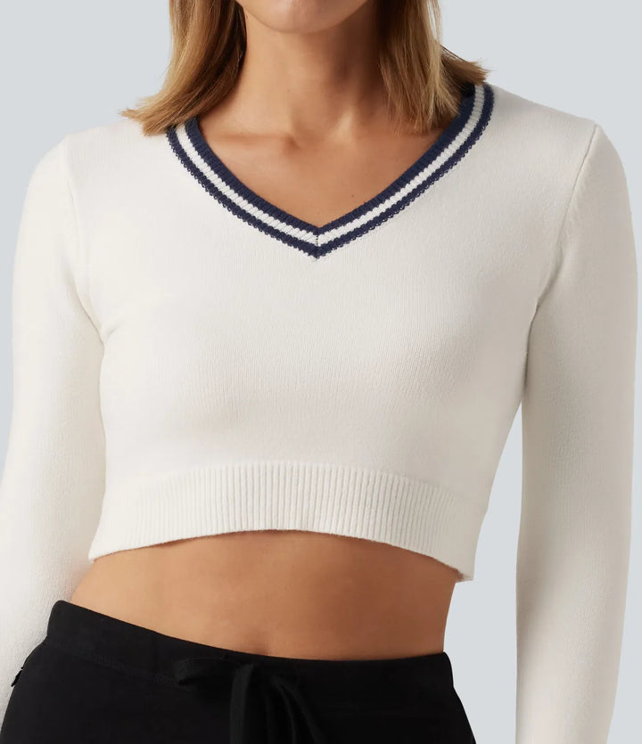V Neck Slim Long Sleeve Patterned Casual Cropped Sweater