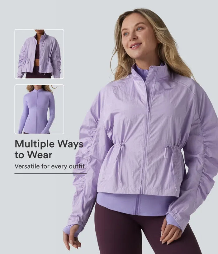 Durable Water Repellent Stand Collar Ruched Sleeve Drawstring Thumb Holes Hiking 3-in-1 Jacket with Pockets