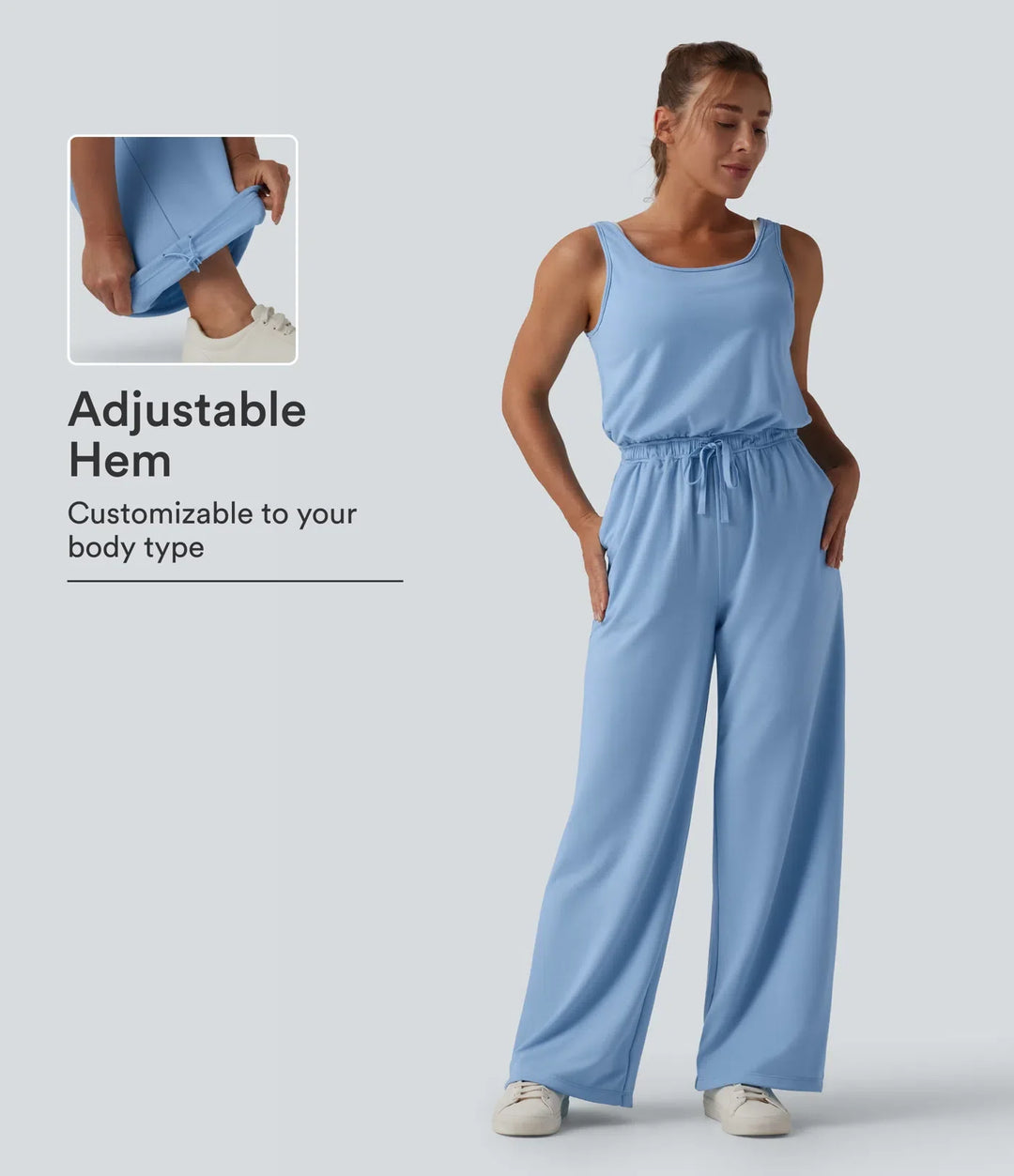 U Neck Scoop Back Drawstring Casual Jumpsuit with Pockets