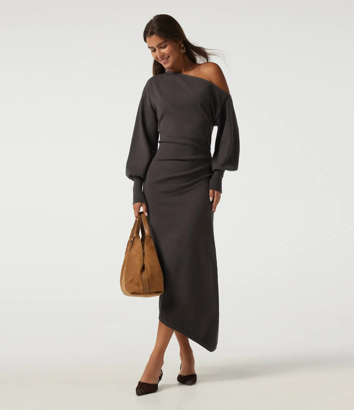 One Shoulder Puff Long Sleeve Asymmetric Work Midi Sweater Dress