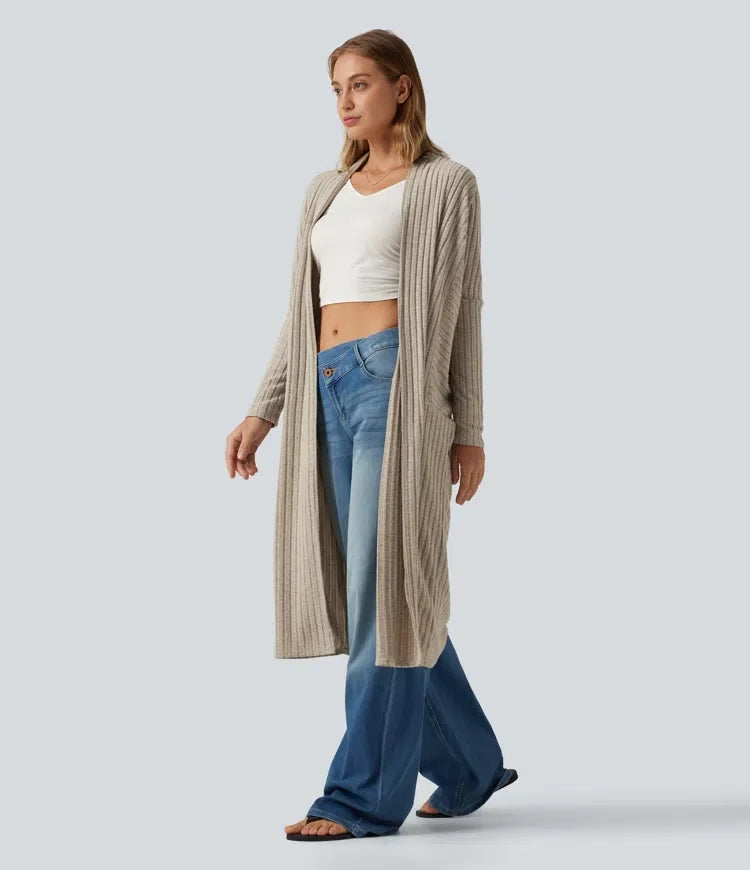 Ribbed Knit Batwing Long Sleeve Belted Casual Longline Cardigan