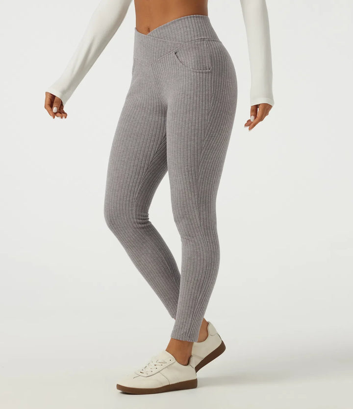 Ribbed Knit Crossover High Waisted Skinny Casual Leggings with Pockets