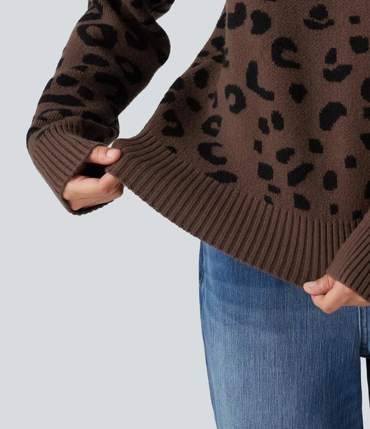 Round Neck Leopard Print Long Sleeve Casual Sweater