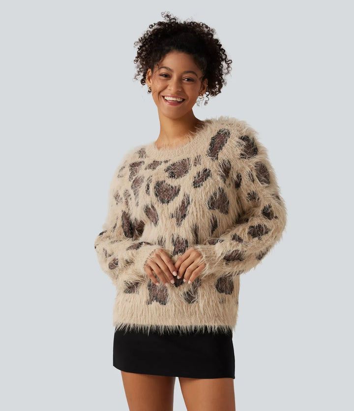Round Neck Long Sleeve Leopard Print Casual Sweater