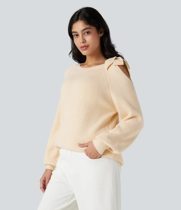 Round Neck Tie Side Long Sleeve Sweater Knit Casual Top
