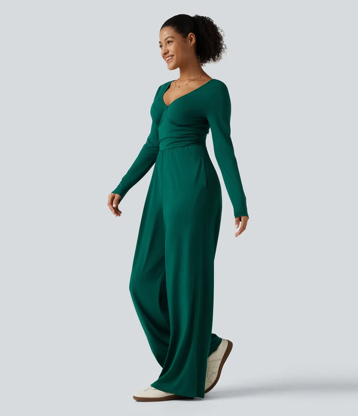 V Neck Long Sleeve Ruched Wide Leg Casual Jumpsuit with Pockets-Easy Peezy Edition