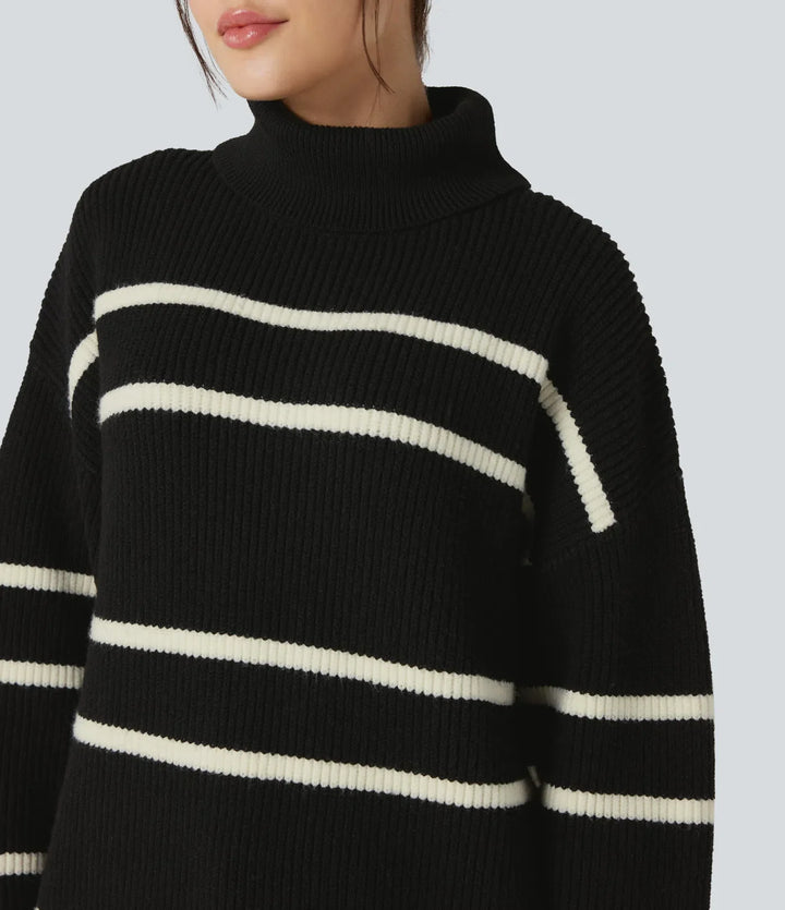 High Neck Long Sleeve Color Block Casual Sweater