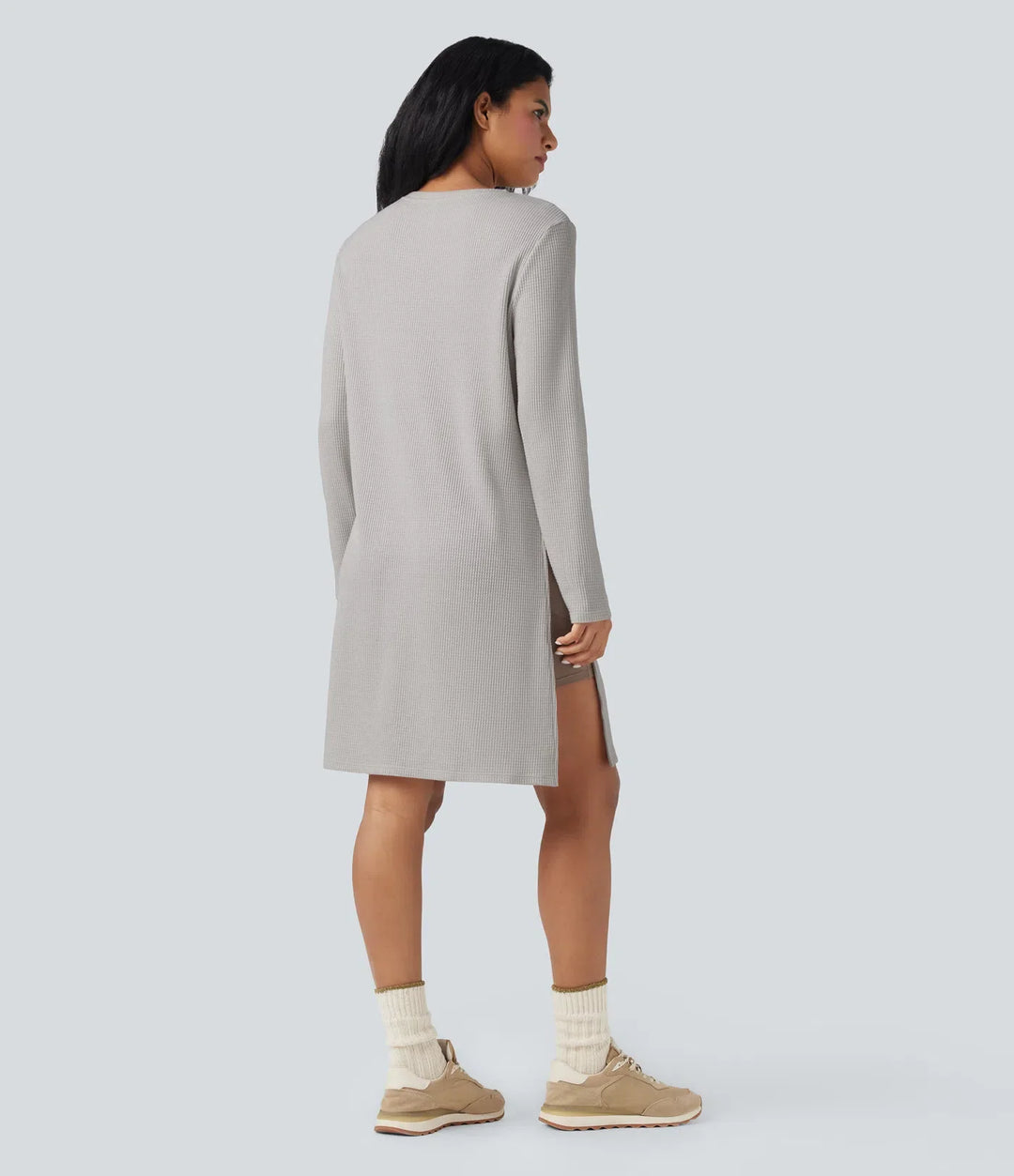 Round Neck Long Sleeve Longline Waffle Knit Casual Sweatshirt