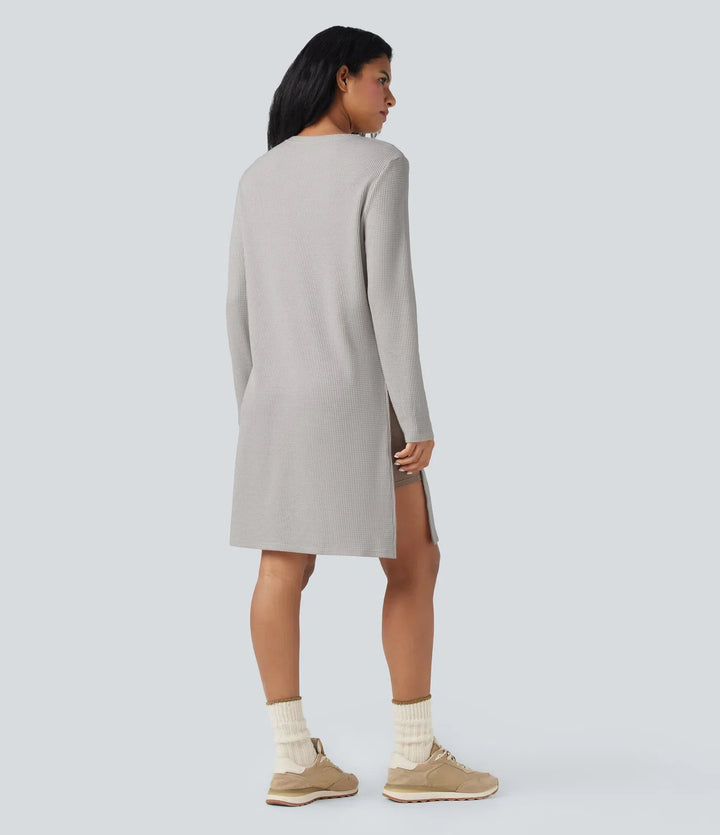 Round Neck Long Sleeve Longline Waffle Knit Casual Sweatshirt